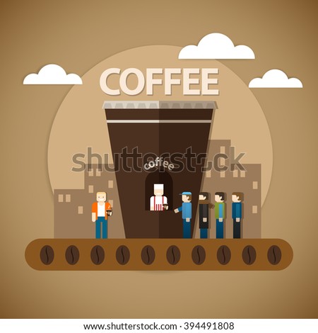 Vector illustration of a coffee seller in a tent in the form of a Cup of coffee