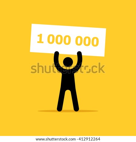 Lottery winner - black, white and yellow vector illustration. A man has won the lottery a million