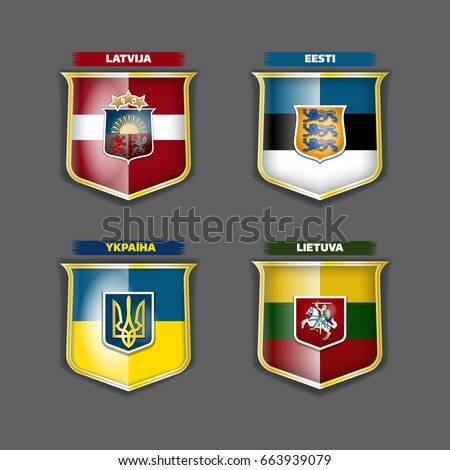 Vector flags and coats of arms of Lithuania Latvia Estonia Ukraine on the shields.