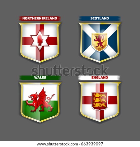Vector flags and coats of arms of England Scotland Wales Northern Ireland on the shields.