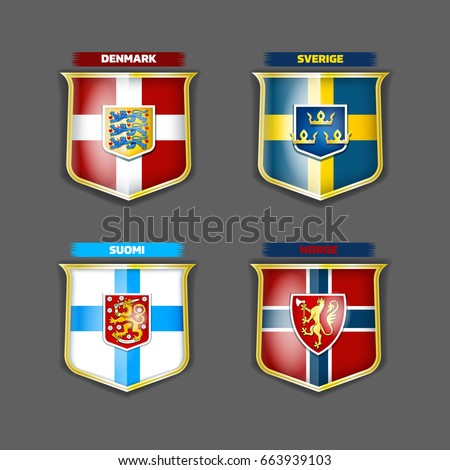 Vector flags and coats of arms of Norway Sweden Finland Denmark on the shields.