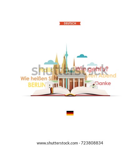 Learning German. Illustration with the image of an open book, Cologne Cathedral, Berlin TV tower, Brandenburg gate and German words and expressions.