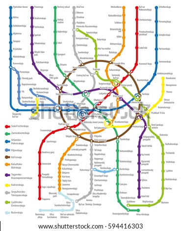 The scheme of the Moscow metro stations in the vector. Shown station names and details of the lines and the transitions between the stations.
