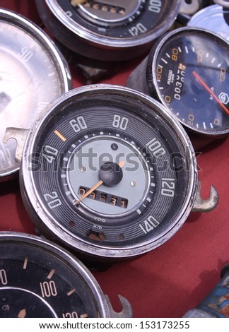 old speedometer for sale in a native used-goods or secondhand trade market in chiang mai, thailand