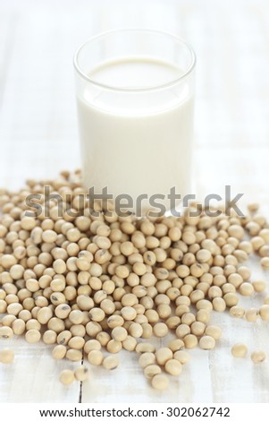 soy bean with glass of soy milk on wooden white background