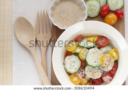 fresh sliced cucumber and sliced colorful tomato with salad dressing made from sesame and sesame oil. salad cucumber and tomato. cucumber and tomato. clean food.