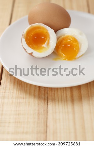 boiled egg. medium-boiled egg. half-boiled egg. boiled egg on white dish. cooked egg.