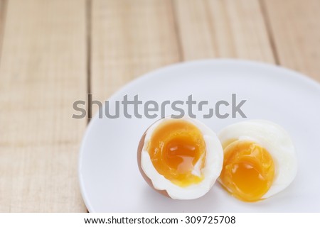 boiled egg. medium-boiled egg. half-boiled egg. boiled egg on white dish. cooked egg.