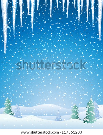 an illustration of a cold winter landscape with snow capped fir trees icicles and a night sky
