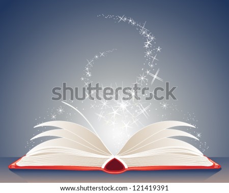 a vector illustration in eps 10 format of a bright red magic book of spells open on a table with stars and sparkles on a dark blue background