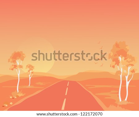 a vector illustration in eps 10 format of an australian outback landscape at sundown with eucalyptus trees and a lonely road running through the hills bathed in orange light