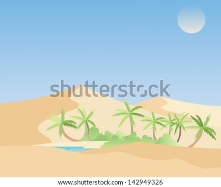a vector illustration in eps 10 format of a beautiful oasis in a hot desert landscape with palm trees green vegetation and a refreshing blue lagoon