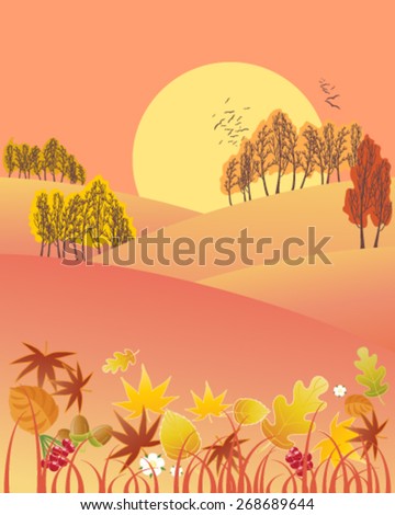 a vector illustration in eps 10 format of an evening autumn fall landscape with colorful trees leaves and a big sun on a red sky