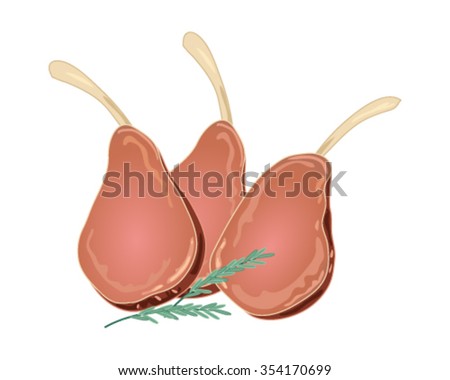 a vector illustration in eps 10 format of a medium rare cooked rack of lamb in slices with sprigs of rosemary on a white background