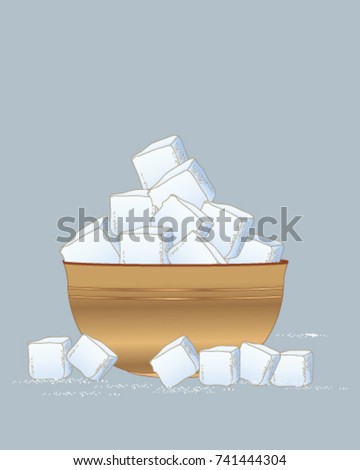 a vector illustration in eps 10 format of a wooden bowl of sugar cubes scattered with sugar granules on a slate blue background