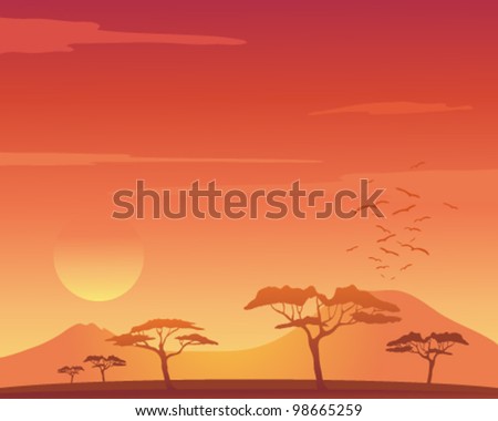 a vector illustration in eps 10 format of a beautiful african landscape with acacia trees mountains and birds flying to roost under an orange sunset