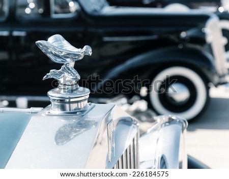 WESTLAKE, TEXAS - OCTOBER 18, 2014: Hood ornament of a 1937 Rolls Royce automobile on display at the 4th Annual Westlake Classic Car Show.