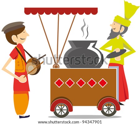 Indian/Pakistani food cuisine cart with traditional server and musician to attract crowd customers