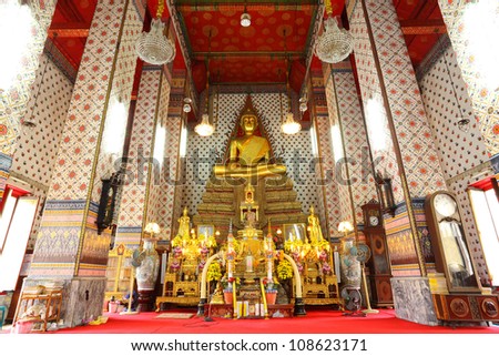 BANGKOK, THAILAND - JULY 4 :The beautiful Buddha in ancient temple over 200 years.The Buddha and temple is very popular for the tourist at Aroonratchawararam temple on July 4,2012 in Bangkok,Thailand