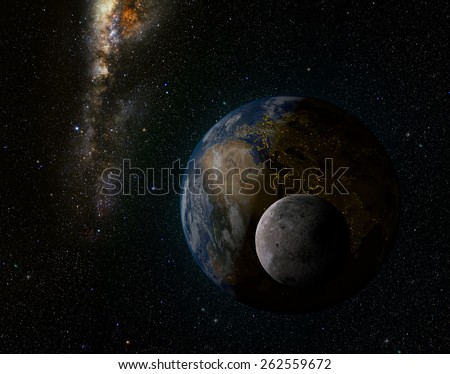 Earth, moon and milky-way Elements of this image furnished by NASA