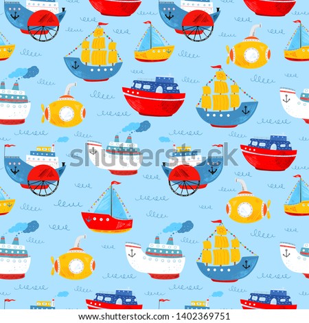 Kids nautical hand drawn illustration of water transport. Seamless vector pattern. Cute ship, submarine, motor ship, liner, sailboat, sea wave. Cartoon flat marine pattern. Childish background.