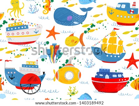 Kids nautical hand drawn illustration of water transport, fish, octopus and sea animals. Seamless vector pattern. Cute ship, liner, sailboat, sea wave. Cartoon flat marine pattern. Childish background