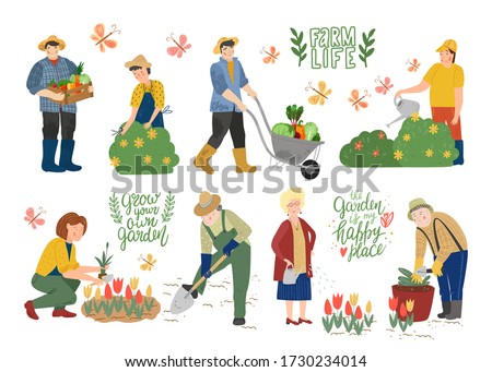 Farmers agricultural workers. Male pulling wheelbarrow with vegetables and holds a box with farm products. Man, woman gardener watering plants, trimming plants. People work in the garden. Flat vector.