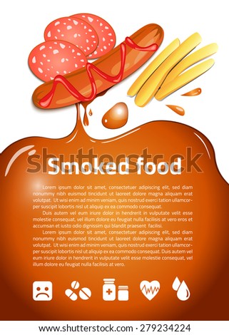 Vector background. Fast food poster. Vector food backdrop. Health care. Smoked food. Sausage and french fries.