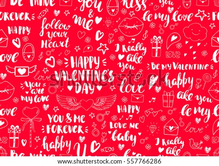 Valentines Day Seamless Doodles Pattern Vector Elements Lips Cupcake Heart With Wings