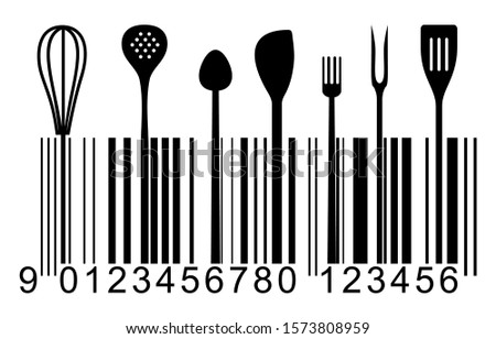 restaurant kitchen icon in a shape of bar code. Fork, knife, spoon, pizza slicer, whisk, spatula spoon silhouettes on white background