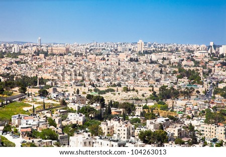 View from the Mountain of Olives on the old part of city Jerusalem. Israel.