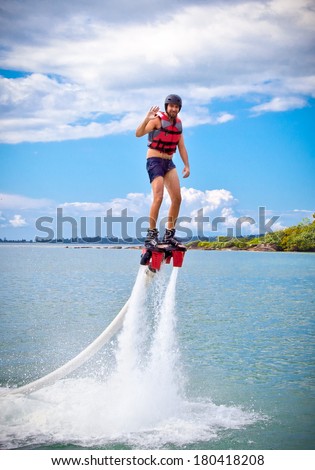 The new spectacular extreme sport called  flyboard, Cambodia.