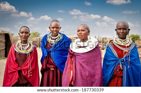 TANZANIA, AFRICA-FEBRUARY 9, 2014: Masai women with traditional  ornaments, review of daily life of local people on February 9, 2014. Tanzania.