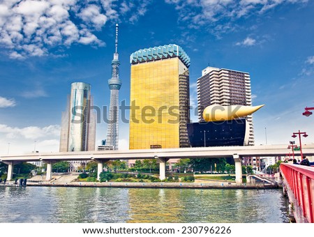 TOKYO, JAPAN - OCT 27, 2104: Asahi Beer Hall in Sumida on Oct 27, 2014.It is one of the buildings of the Asahi Breweries headquarters located on the east bank of the Sumida river .Tokyo, Japan.
