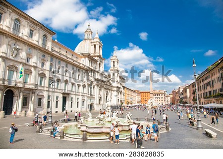 ROME, ITALY - SEP 20, 2014: Fontana del Moro (Moor Fountain) at the Piazza Navona. Piazza Navona is one of the main tourist attractions of Rome. Italy.