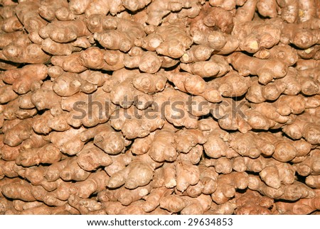 Background of dry ginger roots on the floor in India