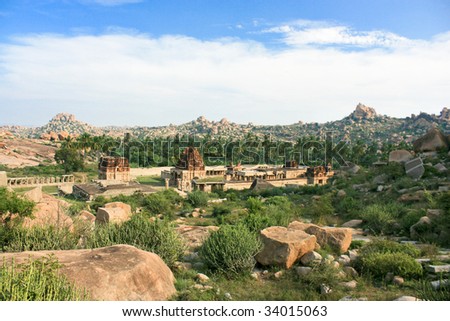 A view of the valley with ruins, which was said to be a market selling gold, pearls, and other items during 1336 AD - 1565 AD, in Hampi, now a UNESCO World Heritage Site, Karnataka, India.