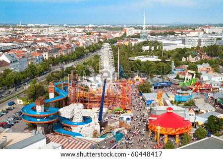 View of Vienna\'s Prater on Roller coaster and water toboggan in Vienna , Austria