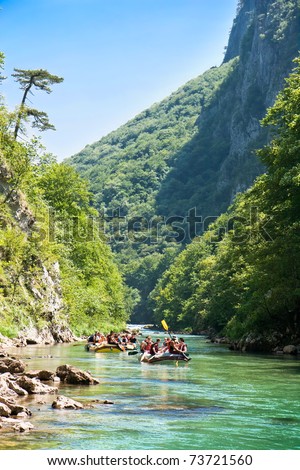 NERETVA, BOSNIA-JULY 25: Unidentified teams at practice session at the first day of training at Rafting Championship in the canyon of River Neretva on July 25, 2009 in Neretva, Bosnia and Herzegovina.