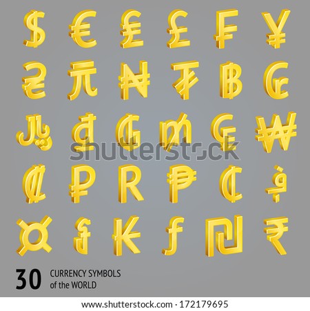 Vector currency symbols (world money icons), 3D and gold.