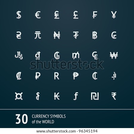 Vector currency symbols (world money), 29x29 silver on the dark background