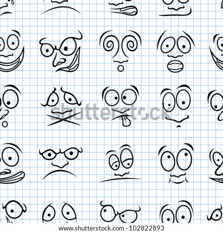 Cartoon emotions on school paper. Vector seamless pattern.