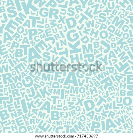 Seamless abstract vector geometric pattern. Light blue alphabet letters on white background. Random layout. Gift wrapping paper. Bed sheets and interior. School and learning theme.