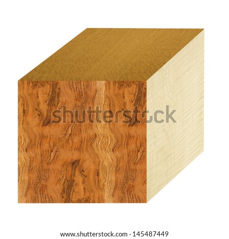 wooden cube with sycamore, lace-wood and curly bubinga on a white background