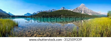 Panorama of Waterfowl Lake in Banff National Park.