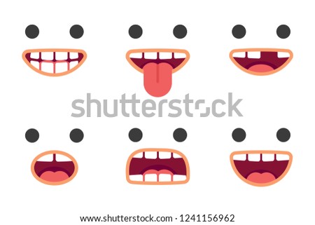 Funny crazy smile faces with different expressions. Smile with teeth, sticking out tongue, surprised. . Vector emoji pack. Eps 10