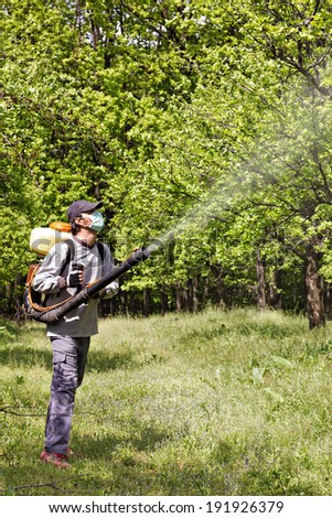 Young farmer spraying the trees with chemicals in orchard