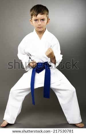 Portrait of a karate kid  in kimono ready to fight isolated on gray background