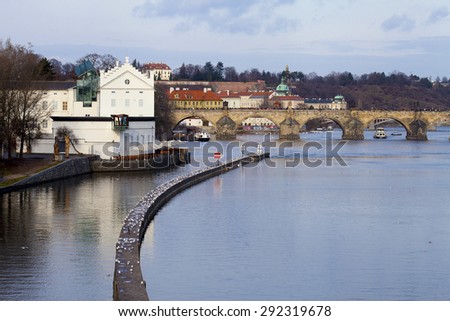 Winter view of Vltava River near Charles Bridge in Prague with breakwater crowded with seagulls