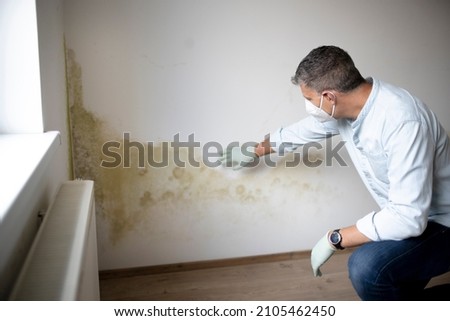Man with mouth nose mask and blue shirt and gloves n front of white wall with mold Foto d'archivio © 